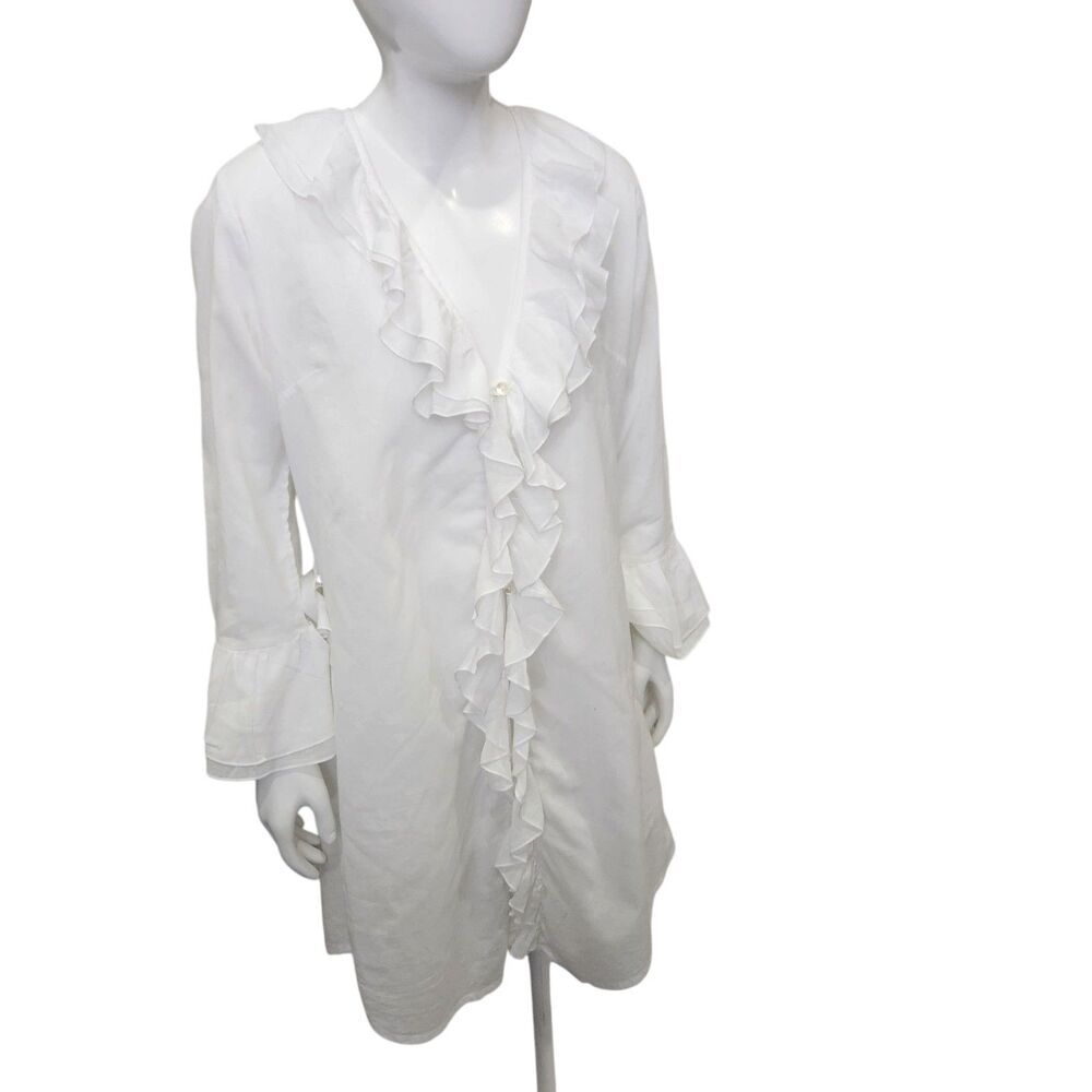 Elizabeth Hurley Beach-White Cotton CoverUp-Ruffle Front-Bell Cuff-Boho-Resort M